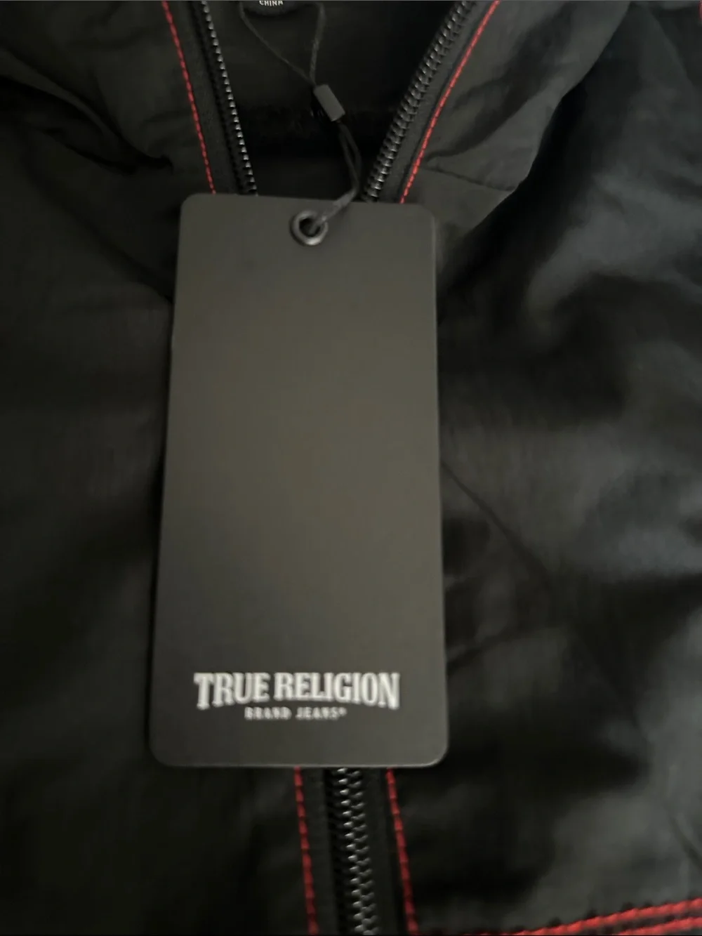 True Religion Black Hooded Windbreaker with Red Accents size M new